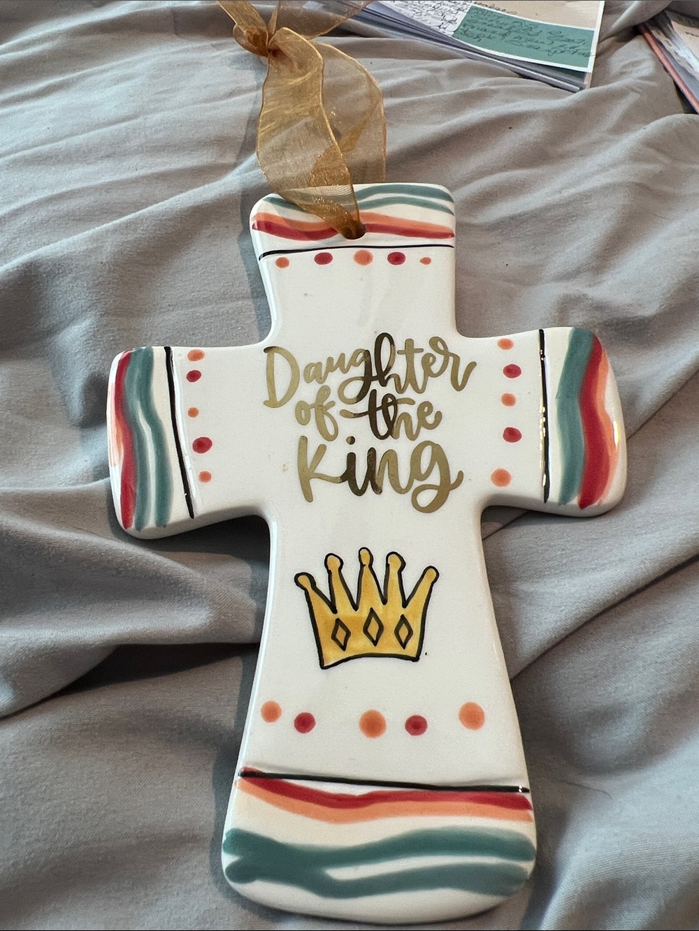 Daughter of the King Ceramic Wall Cross in White, Gold and Teal